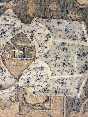Garage White Sheer Top with Blue Floral Print